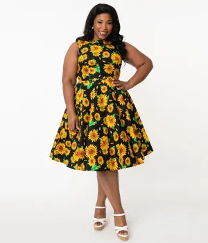 Plus Size Black & Yellow Sunflower Audrey Swing Dress