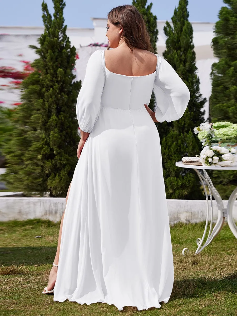 Plus Size High-Slit Waist Pleated Bridesmaid Dress with Long Sleeves