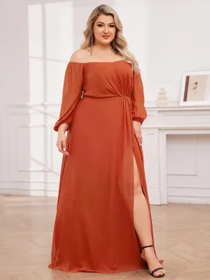 Plus Size High-Slit Waist Pleated Bridesmaid Dress with Long Sleeves