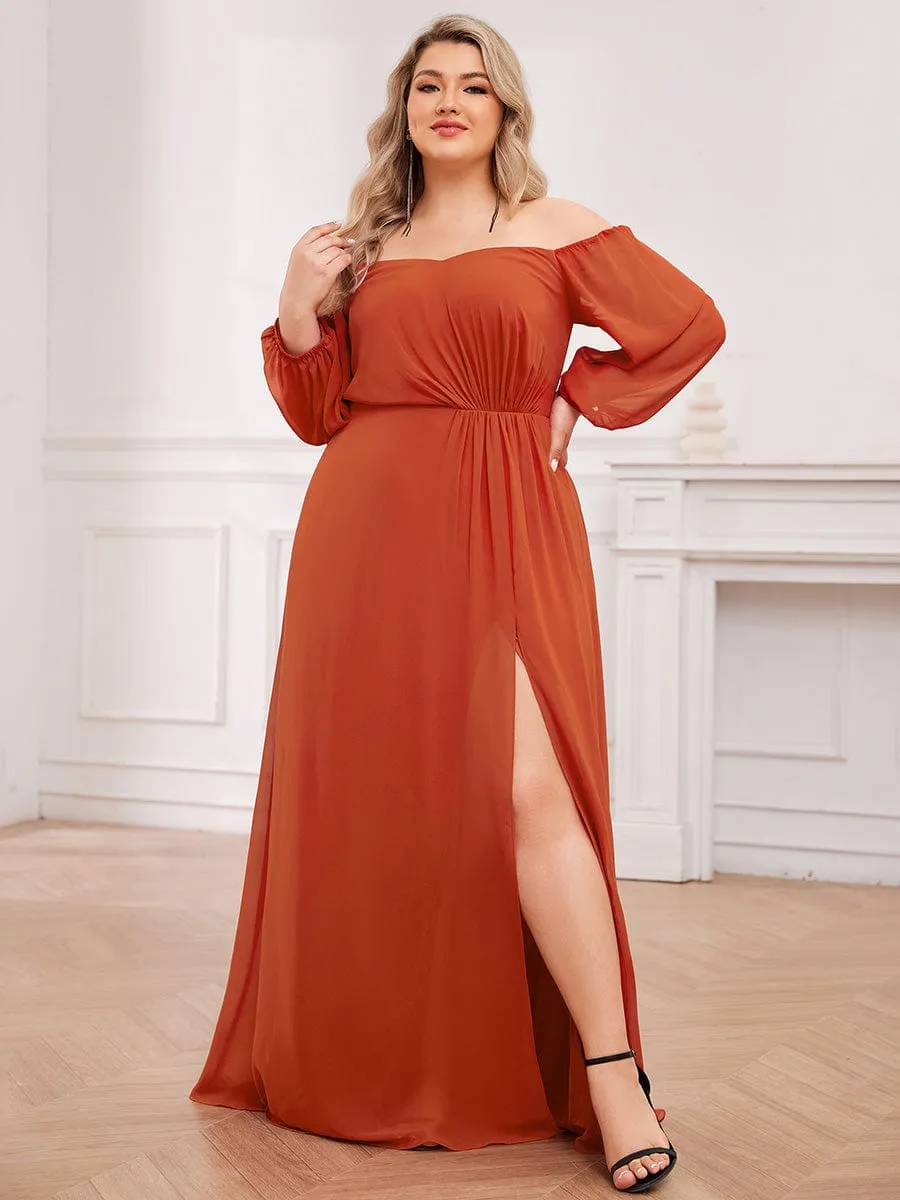 Plus Size High-Slit Waist Pleated Bridesmaid Dress with Long Sleeves