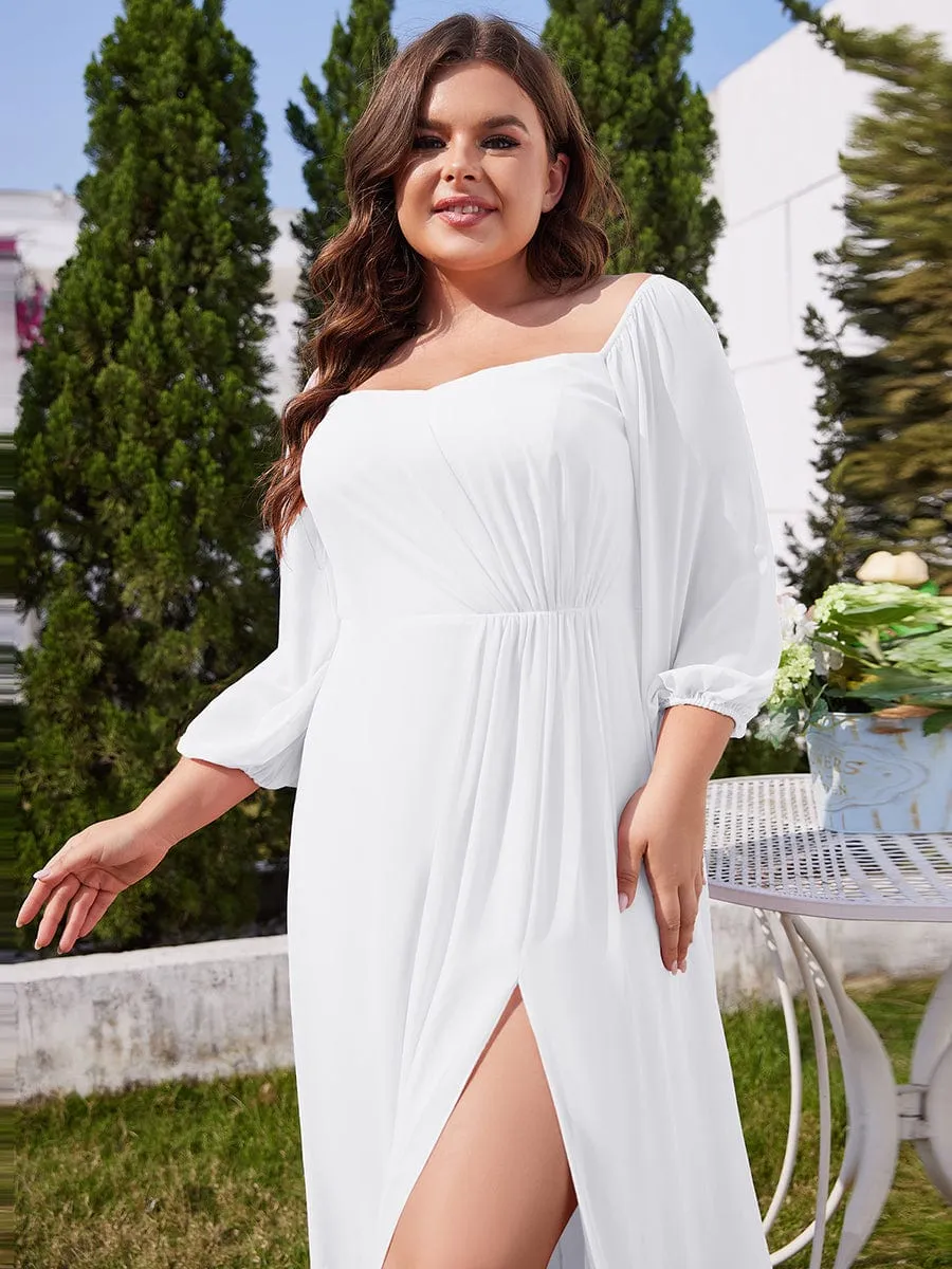 Plus Size High-Slit Waist Pleated Bridesmaid Dress with Long Sleeves