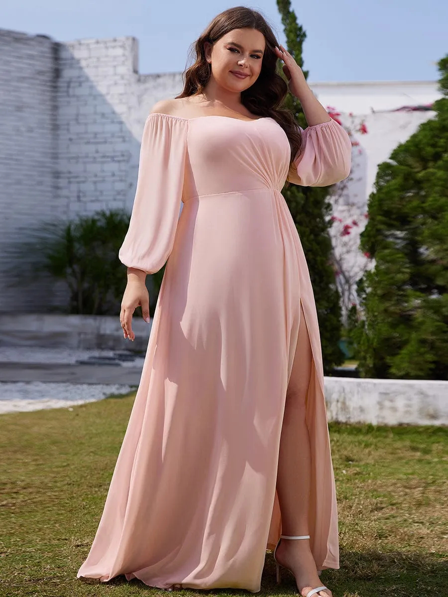 Plus Size High-Slit Waist Pleated Bridesmaid Dress with Long Sleeves