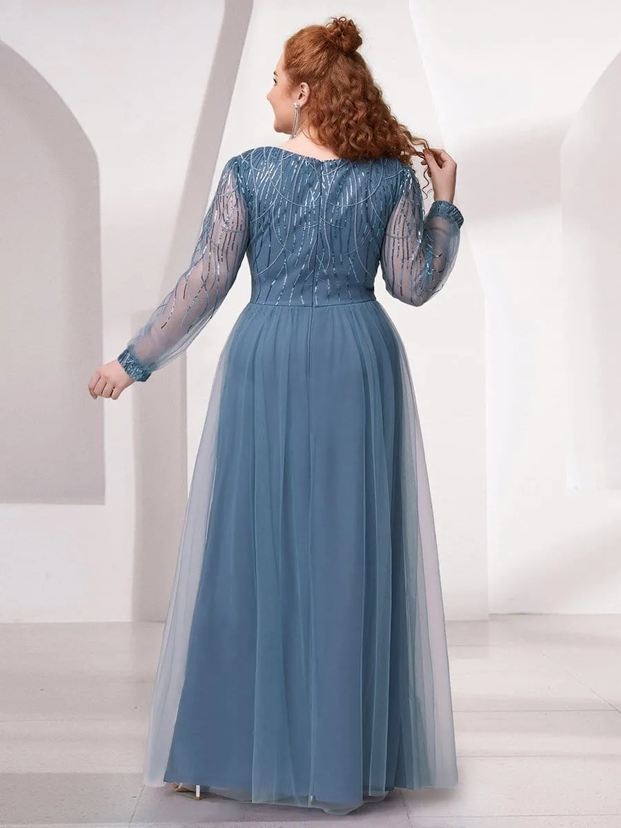 Plus Size Sequin Bodice Long Sleeve Tulle Evening Dress