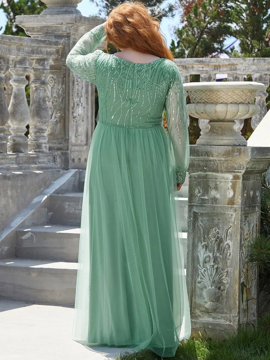 Plus Size Sequin Bodice Long Sleeve Tulle Evening Dress