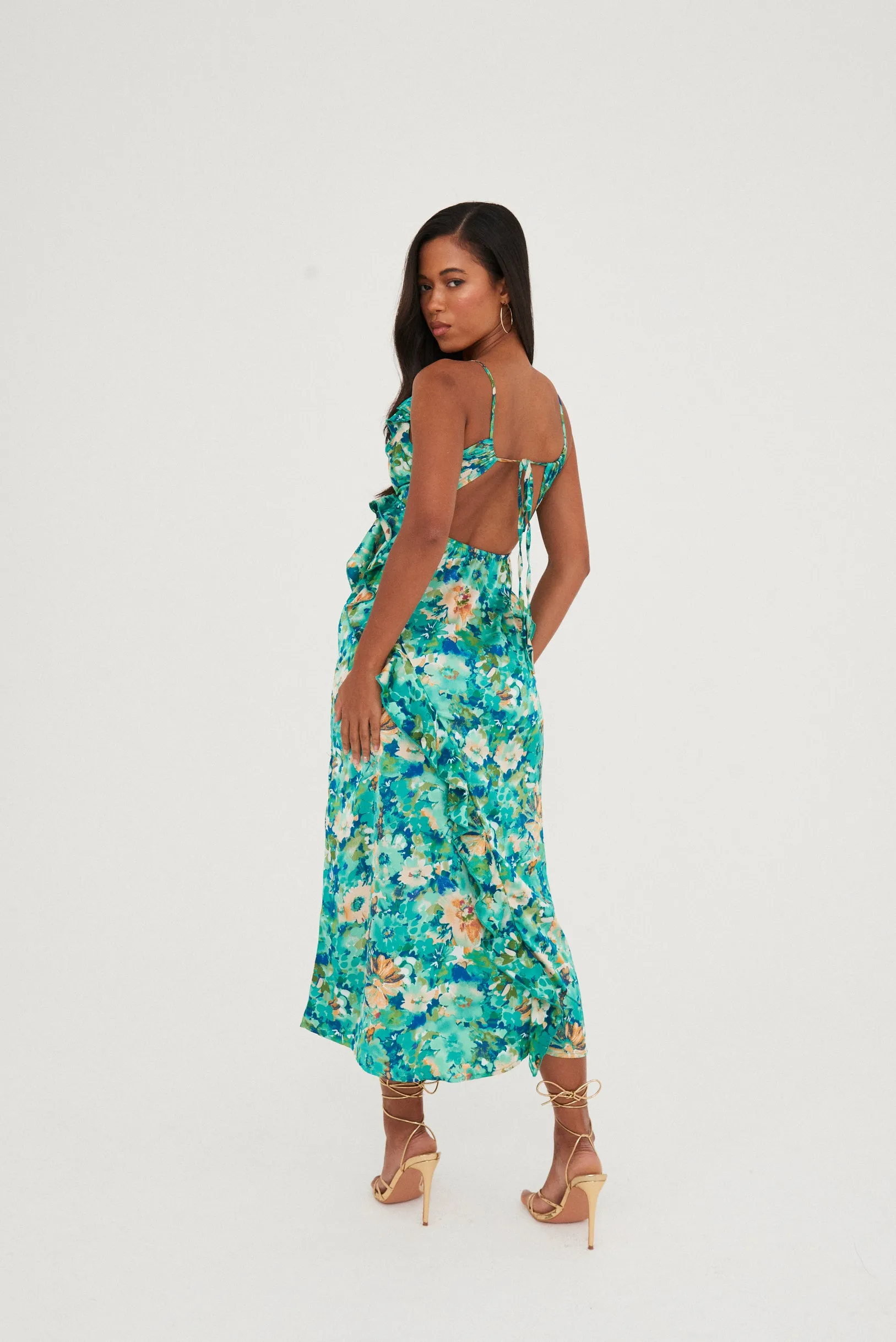 PRINTED RUFFLE CUT OUT MAXI DRESS