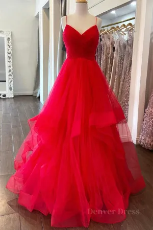 Puffy Red Tulle V Neck Long Prom Dresses V Neck Red Formal Dresses Red Evening Dresses