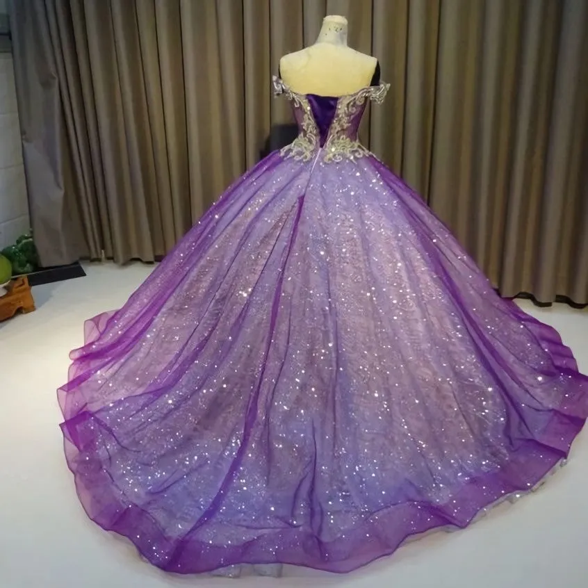 Purple Prom Dress Off The Shoulder Ball Gown Bling Evening Dresses