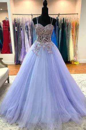 Purple Tulle Lace Long Prom Dresses A-Line Spaghetti Straps Graduation Dresses