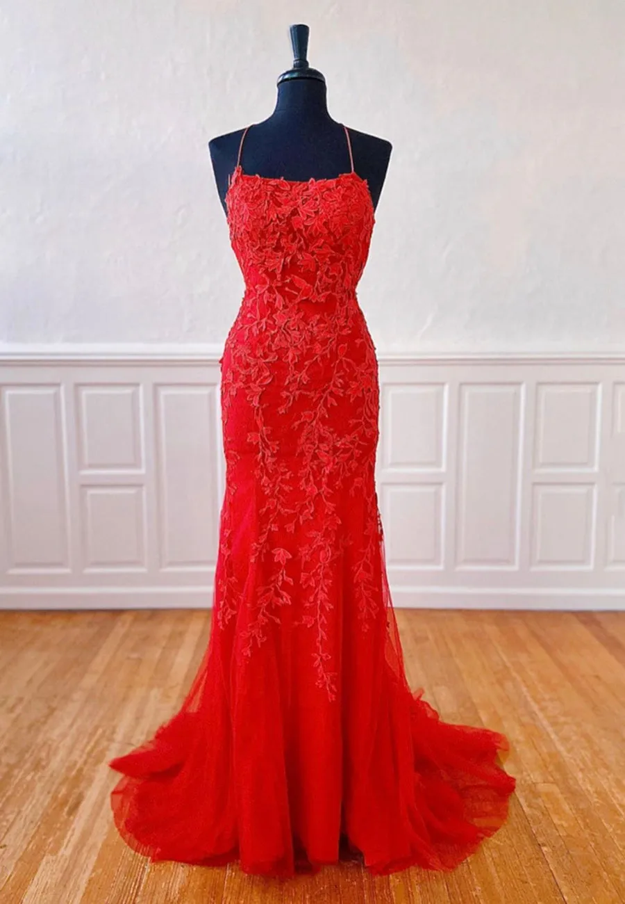 Red Lace Long Prom Dresses Mermaid Evening Dresses