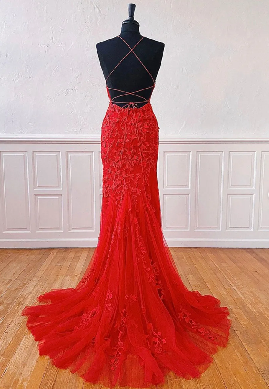 Red Lace Long Prom Dresses Mermaid Evening Dresses