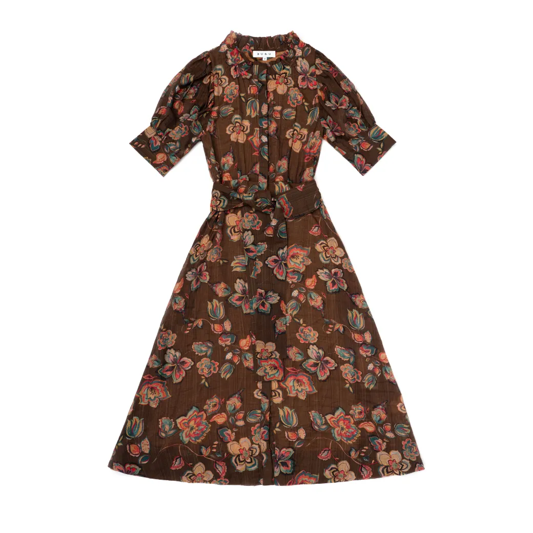 SAMPLE - Puff Sleeve Day Gown - MIDI - Chocolate Floral