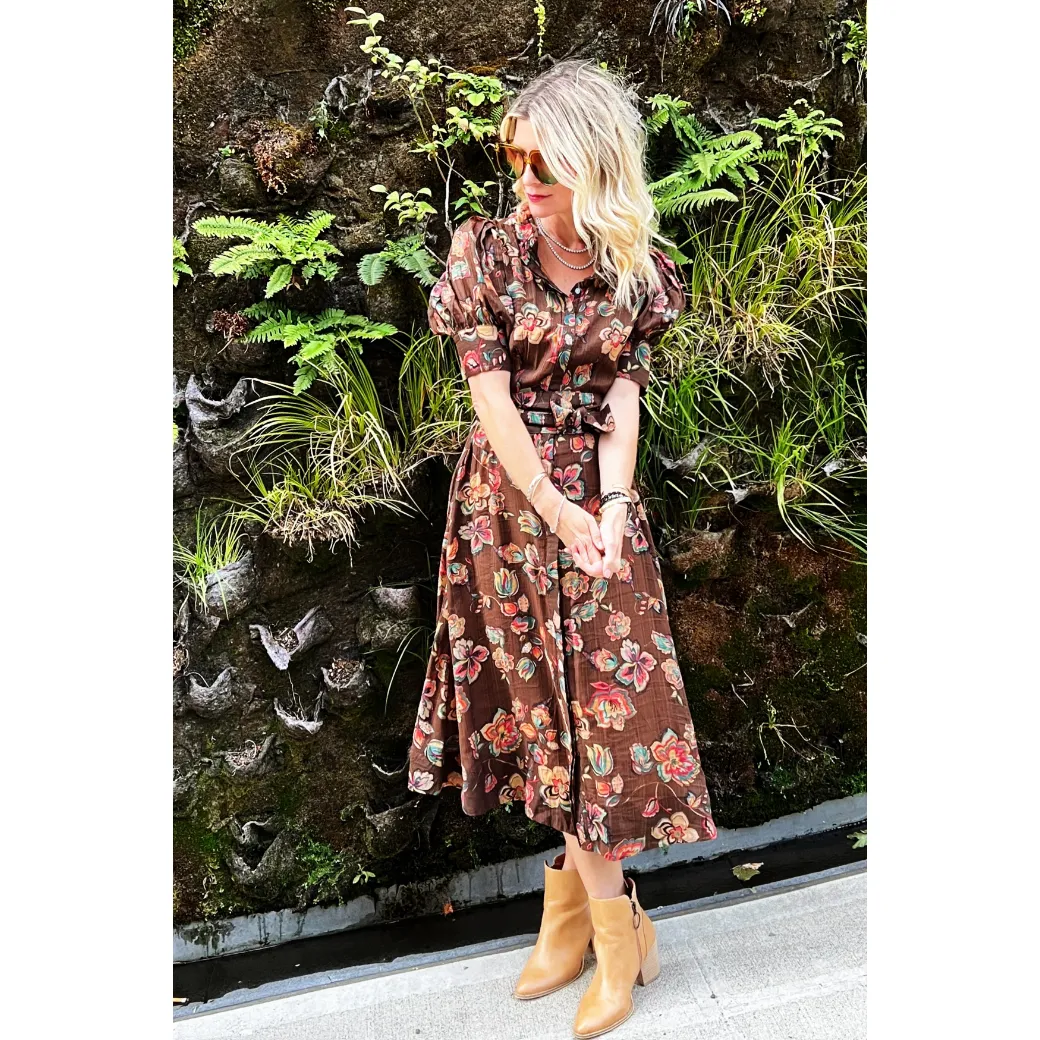 SAMPLE - Puff Sleeve Day Gown - MIDI - Chocolate Floral