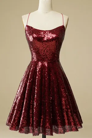 Shiny Sequins Backless Burgundy Short Prom Dresses Backless Burgundy Homecoming Dresses Burgundy Formal Evening Dresses