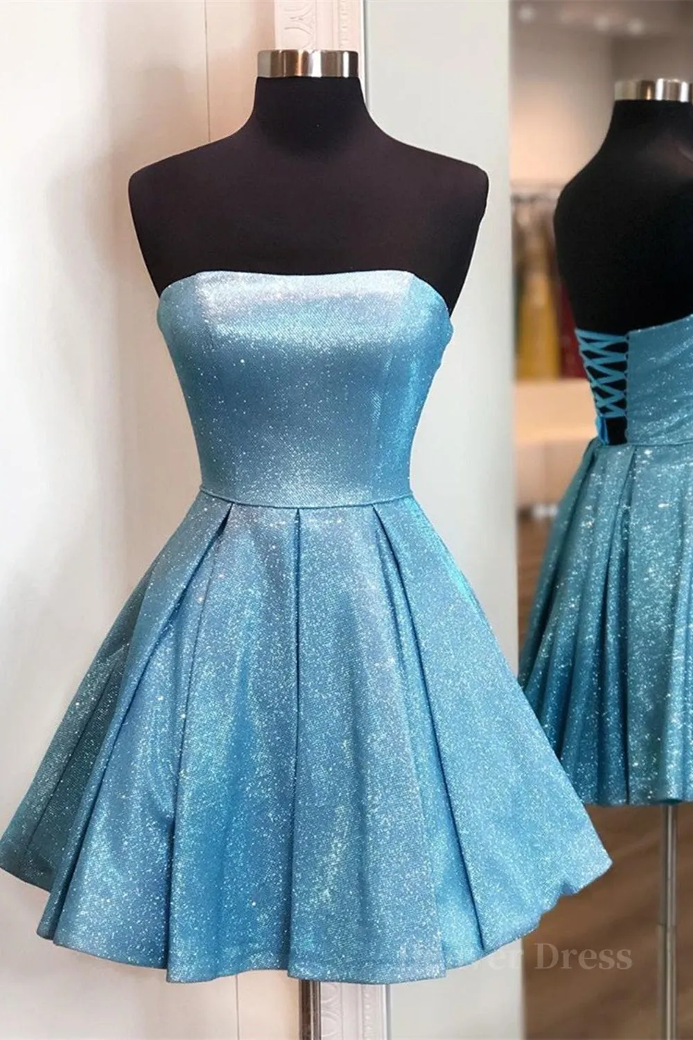 Shiny Strapless Blue Short Prom Dresses Open Back Blue Homecoming Dresses Blue Formal Evening Dresses