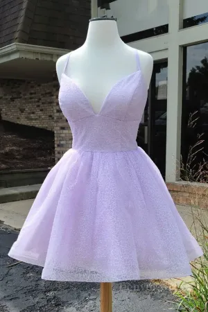 Shiny V Neck Lilac Short Prom Dresses Lilac Homecoming Dresses