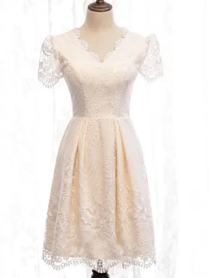 Short Sleeves Short Champagne Lace Prom Dresses Short Champagne Lace Formal Wedding Dresses