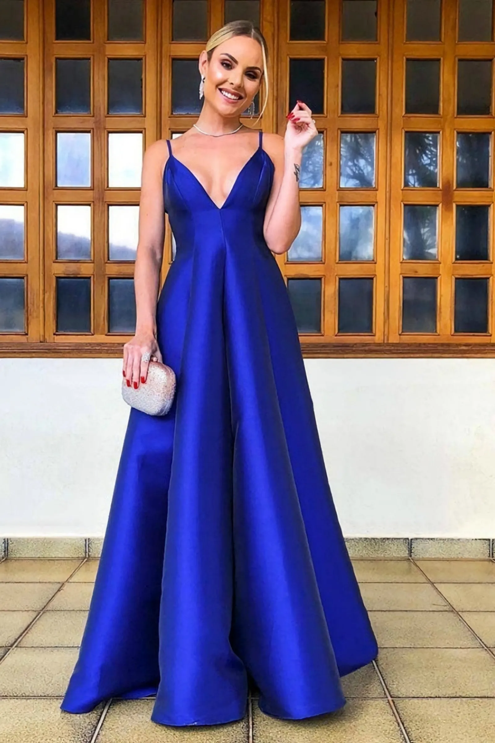 Simple A Line V Neck Backless Royal Blue Satin Long Evening Dress, V Neck Backless Royal Blue Formal Dresses