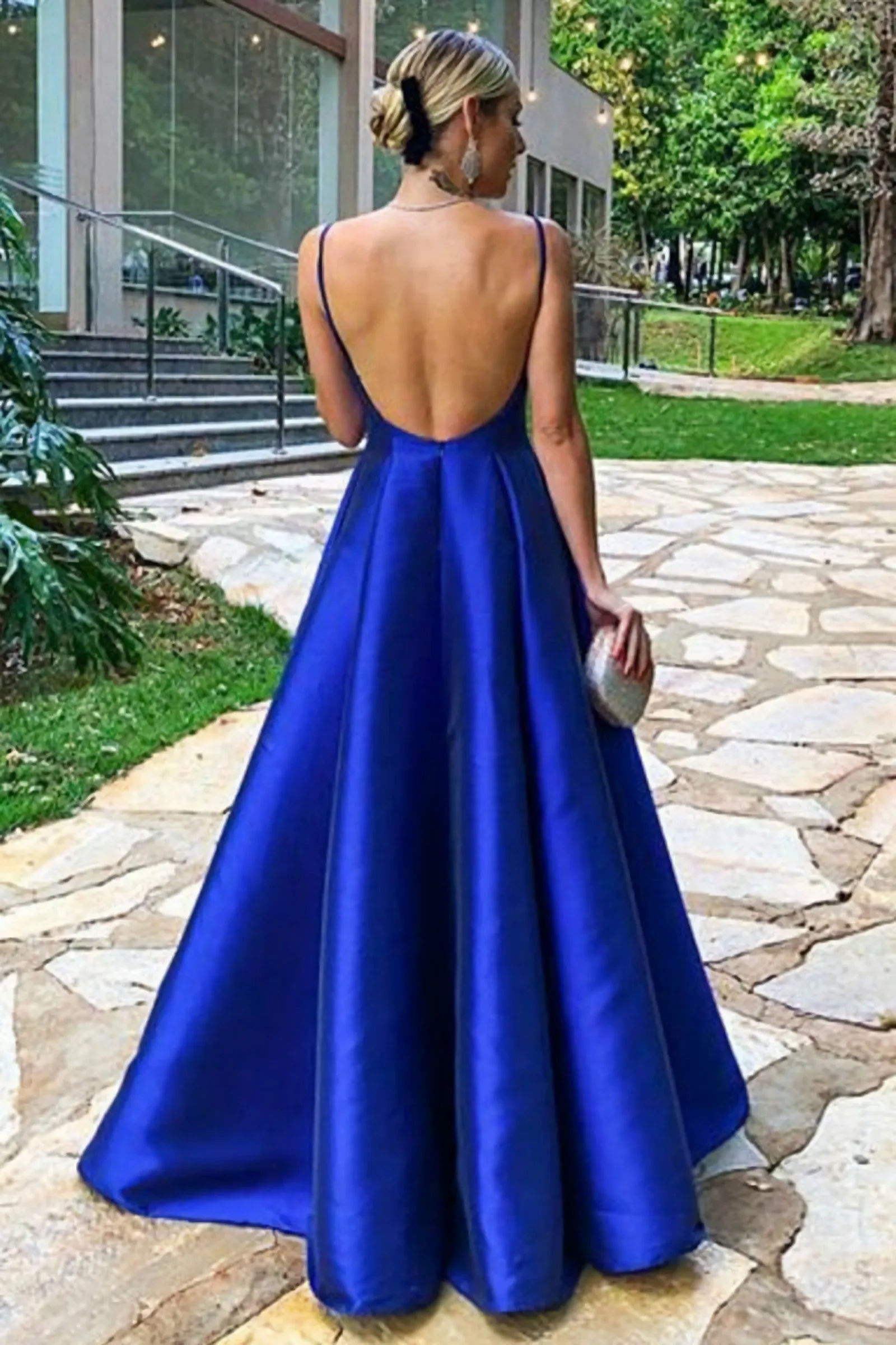 Simple A Line V Neck Backless Royal Blue Satin Long Evening Dress, V Neck Backless Royal Blue Formal Dresses