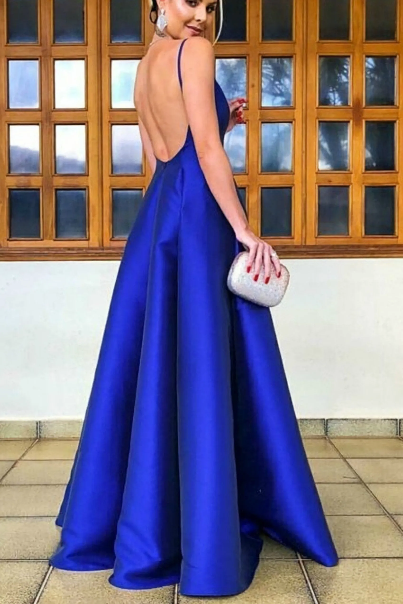 Simple A Line V Neck Backless Royal Blue Satin Long Evening Dress, V Neck Backless Royal Blue Formal Dresses