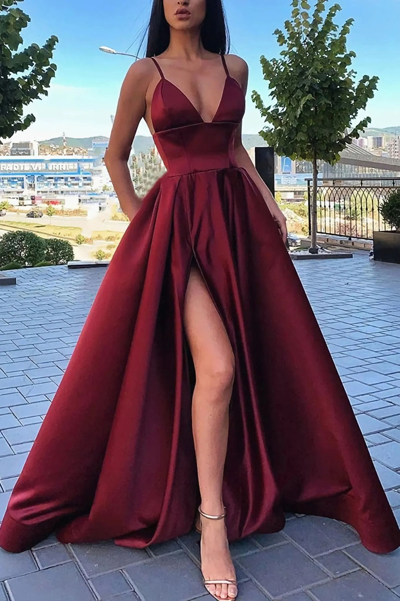 Simple A Line V Neck Red Long Prom Dresses