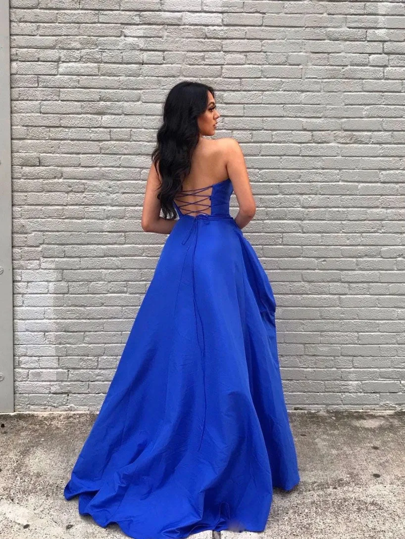 Simple blue satin long prom dress, blue evening dress