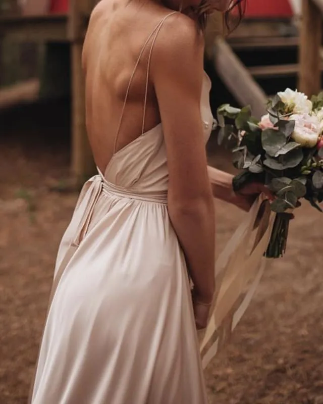 Simple Boho Wedding Dress Satin Open Back