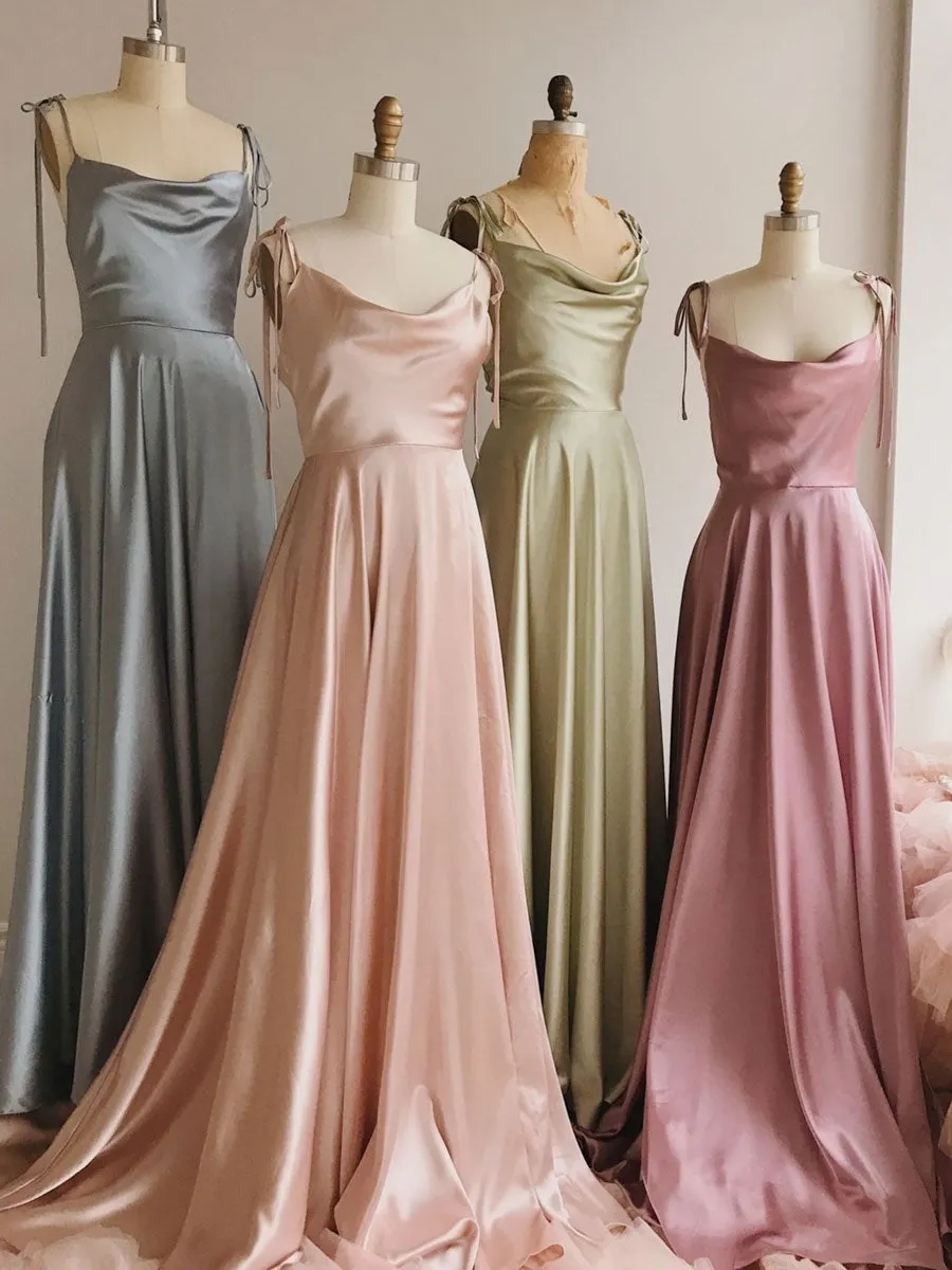 Simple satin A line long prom dress, simple bridesmaid dress