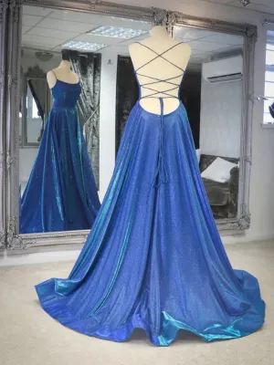 Simple Shiny Backless Blue Long Prom Dresses A Line Blue Open Back Long Formal Evening Dresses