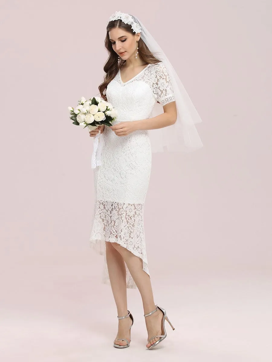 Simple V Neck Fishtail Tea Length Lace Party Dress