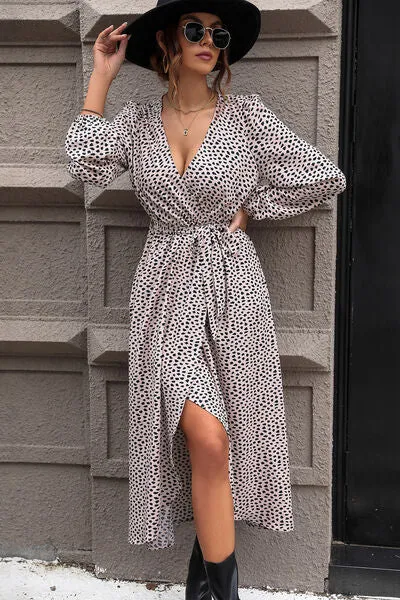 Slit Printed Surplice Balloon Sleeve Dress