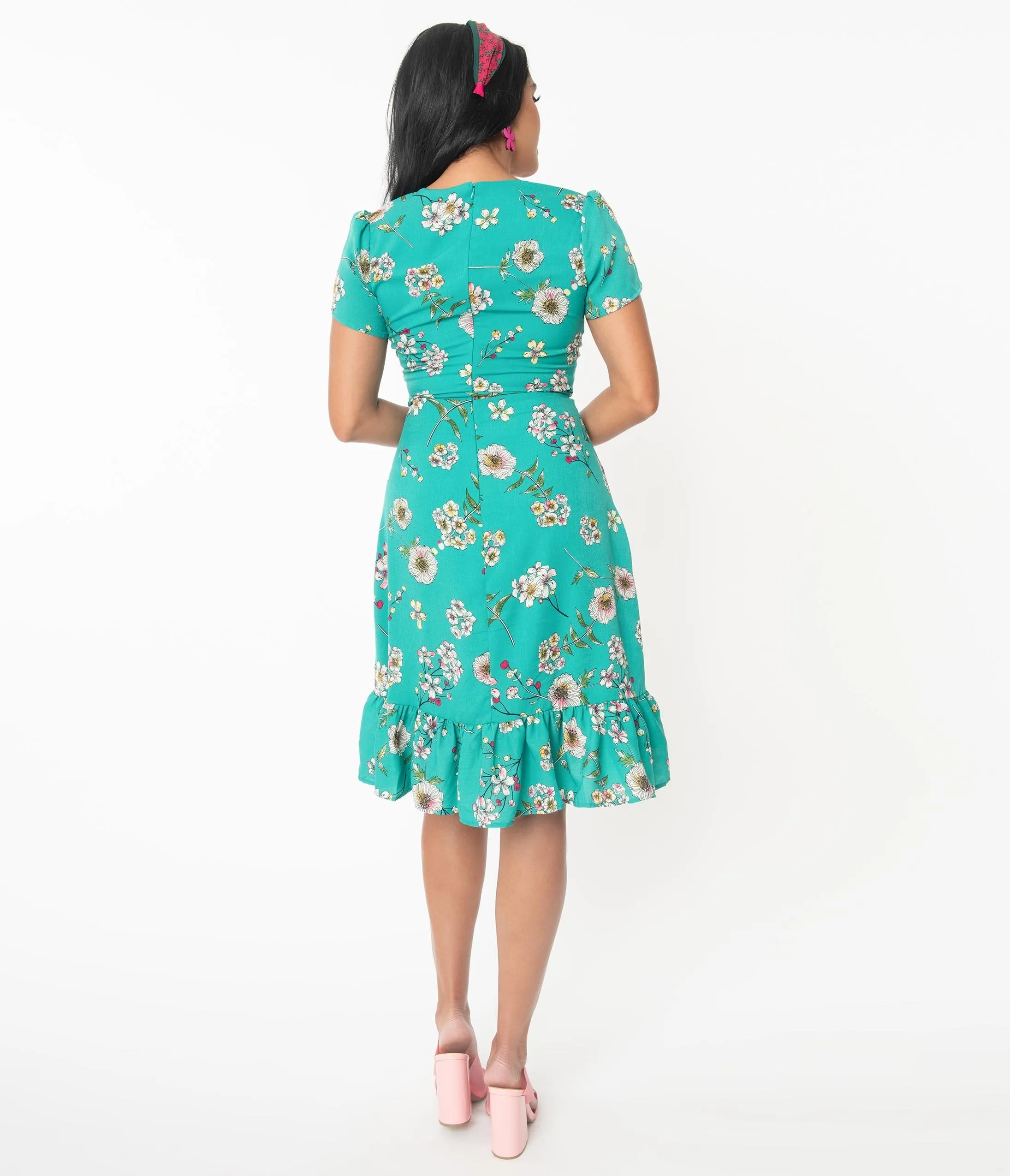 Smak Parlour Teal Floral Hide And Go Chic Midi Dress