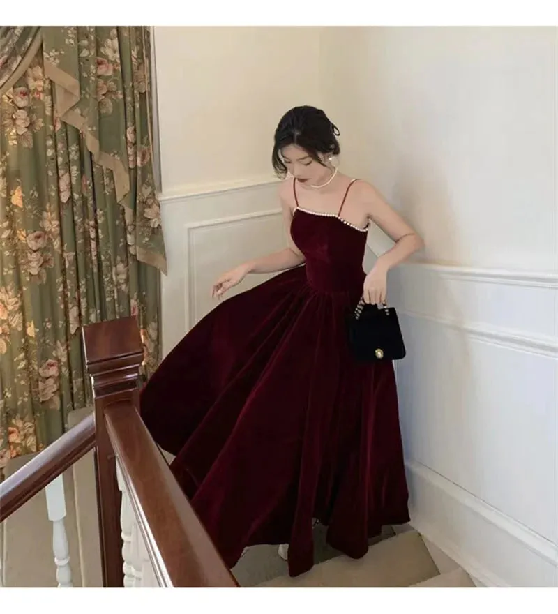 Spaghetti Straps Burgundy Velvet Prom Dress Simple Wedding Party Dress Long