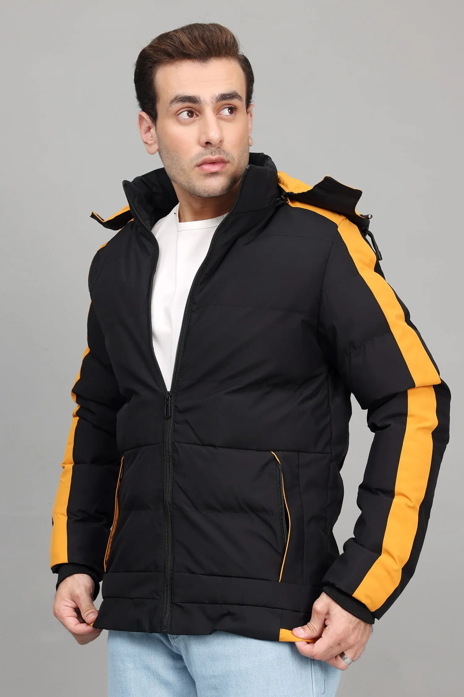 SPORTY HOODED PUFFER JACKET-BLK/YELLOW