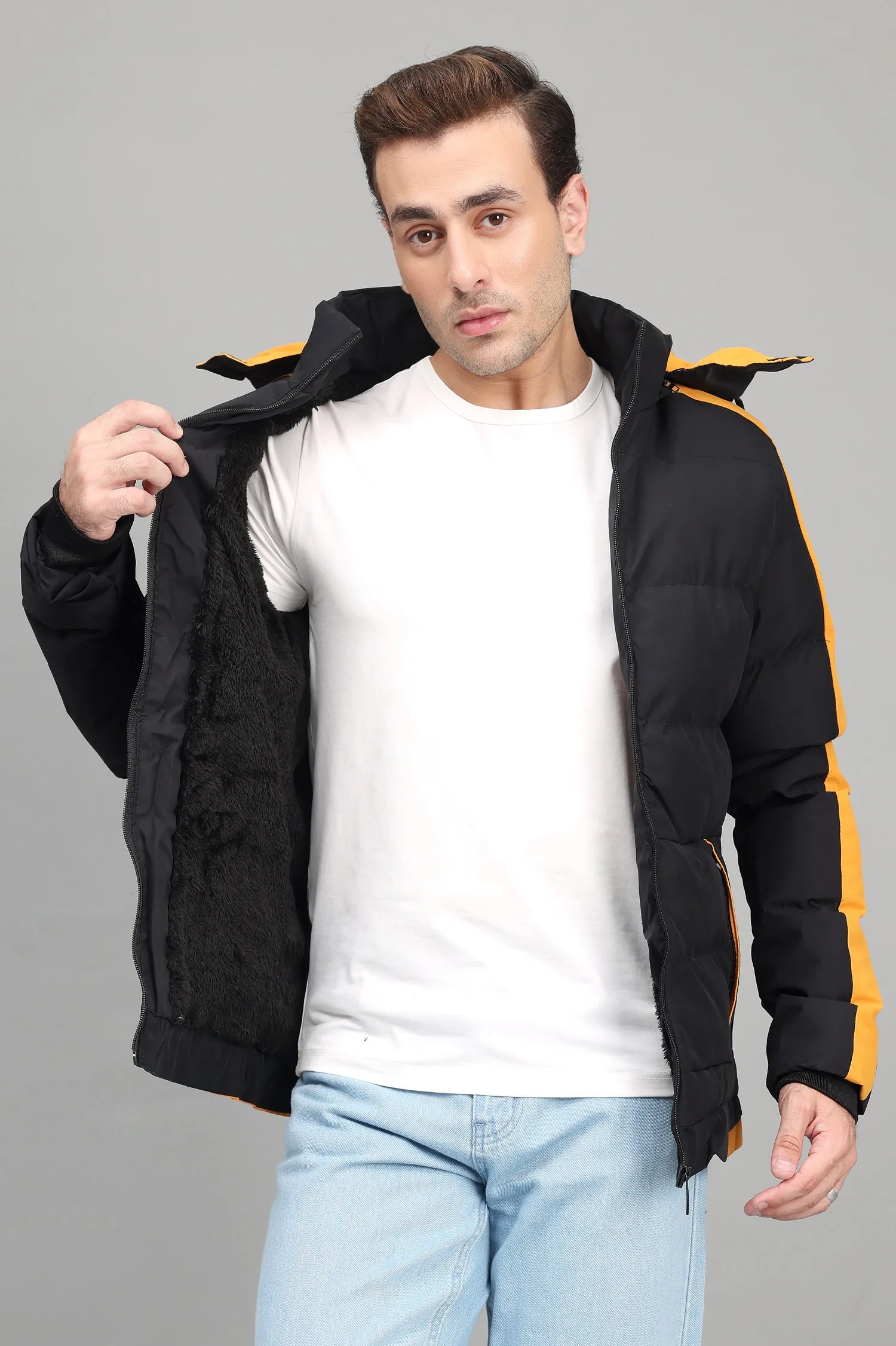 SPORTY HOODED PUFFER JACKET-BLK/YELLOW