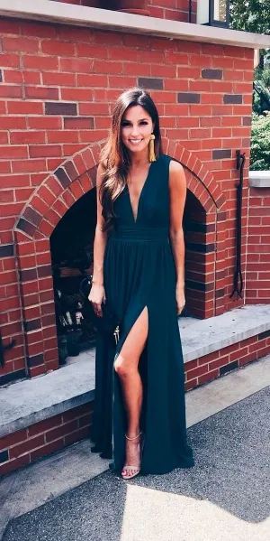 Stylish A-Line Deep V Neck Navy Blue Chiffon Long Prom Dresses With Side Split