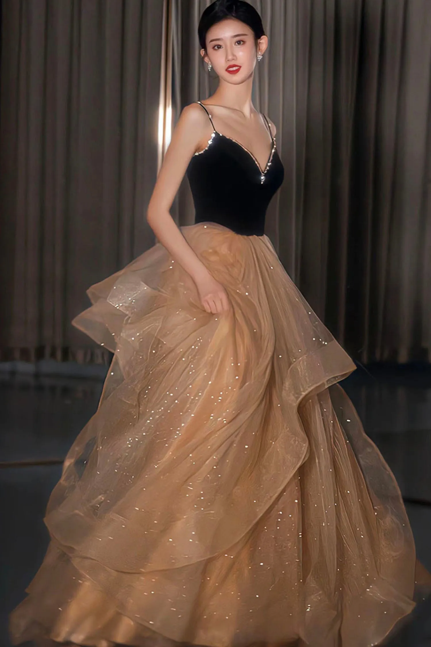 Stylish Velvet Tulle Long Prom Dress,A-Line Evening Dresses Back Open