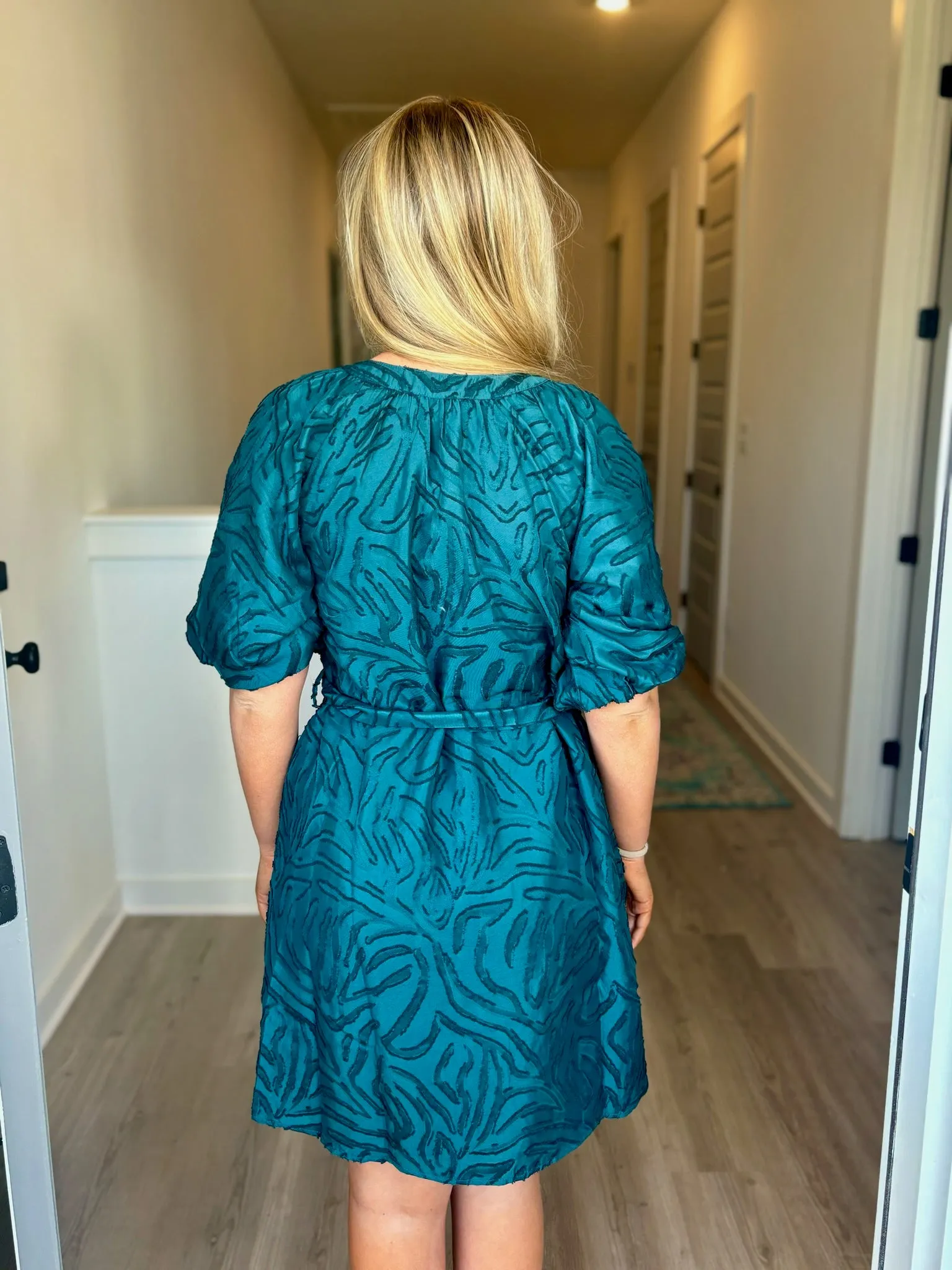 Teal Textured Puff Sleeve Dress