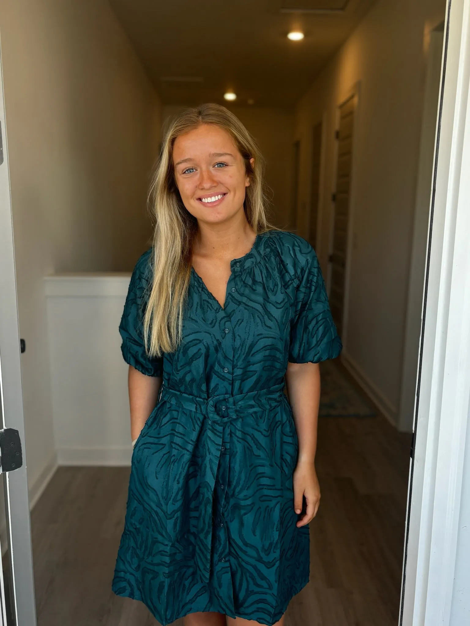 Teal Textured Puff Sleeve Dress