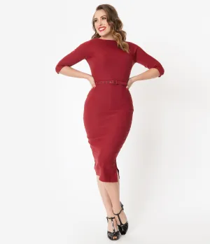 Unique Vintage 1940s Style Red Sleeved Adelia Wiggle Dress