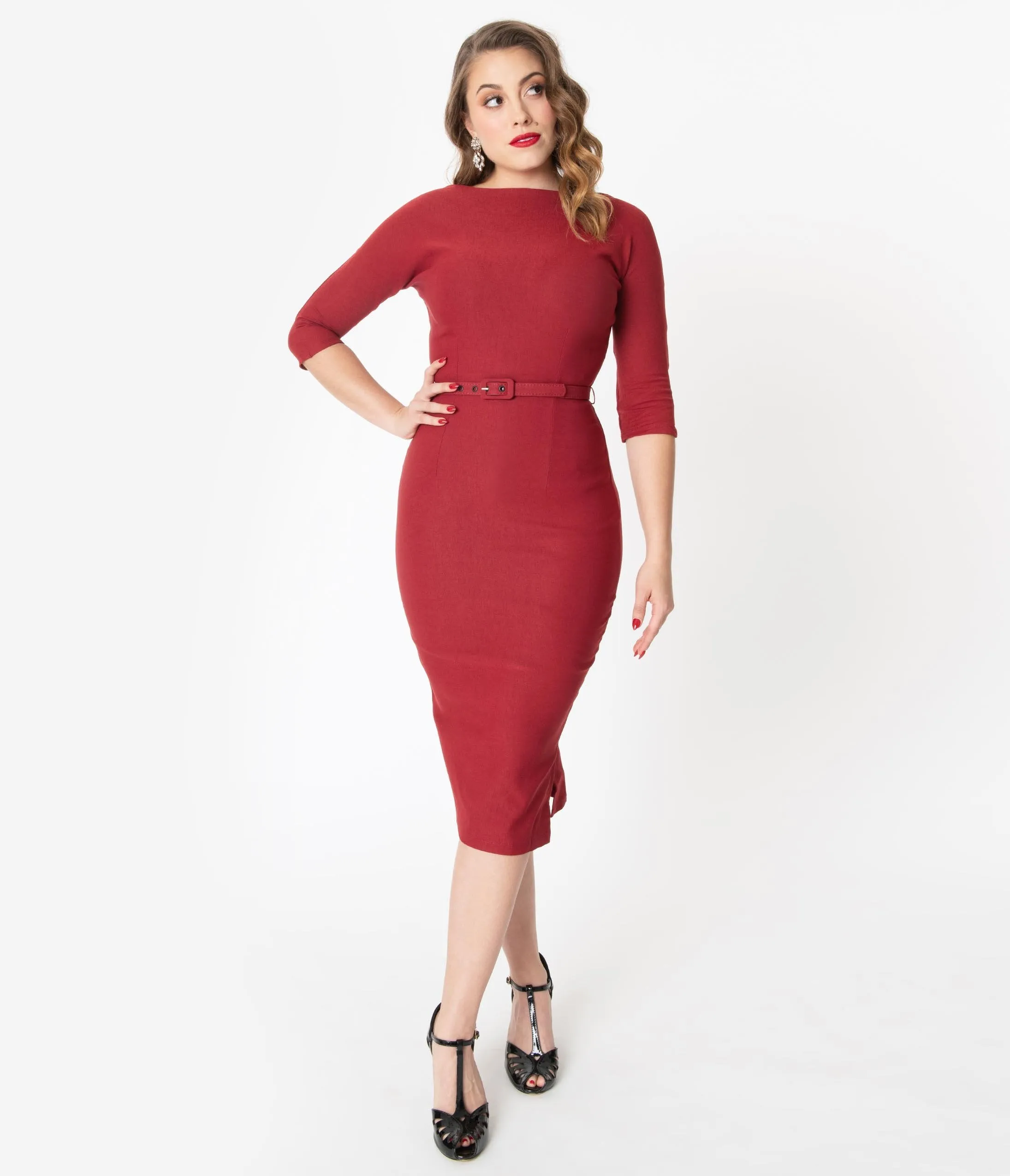 Unique Vintage 1940s Style Red Sleeved Adelia Wiggle Dress