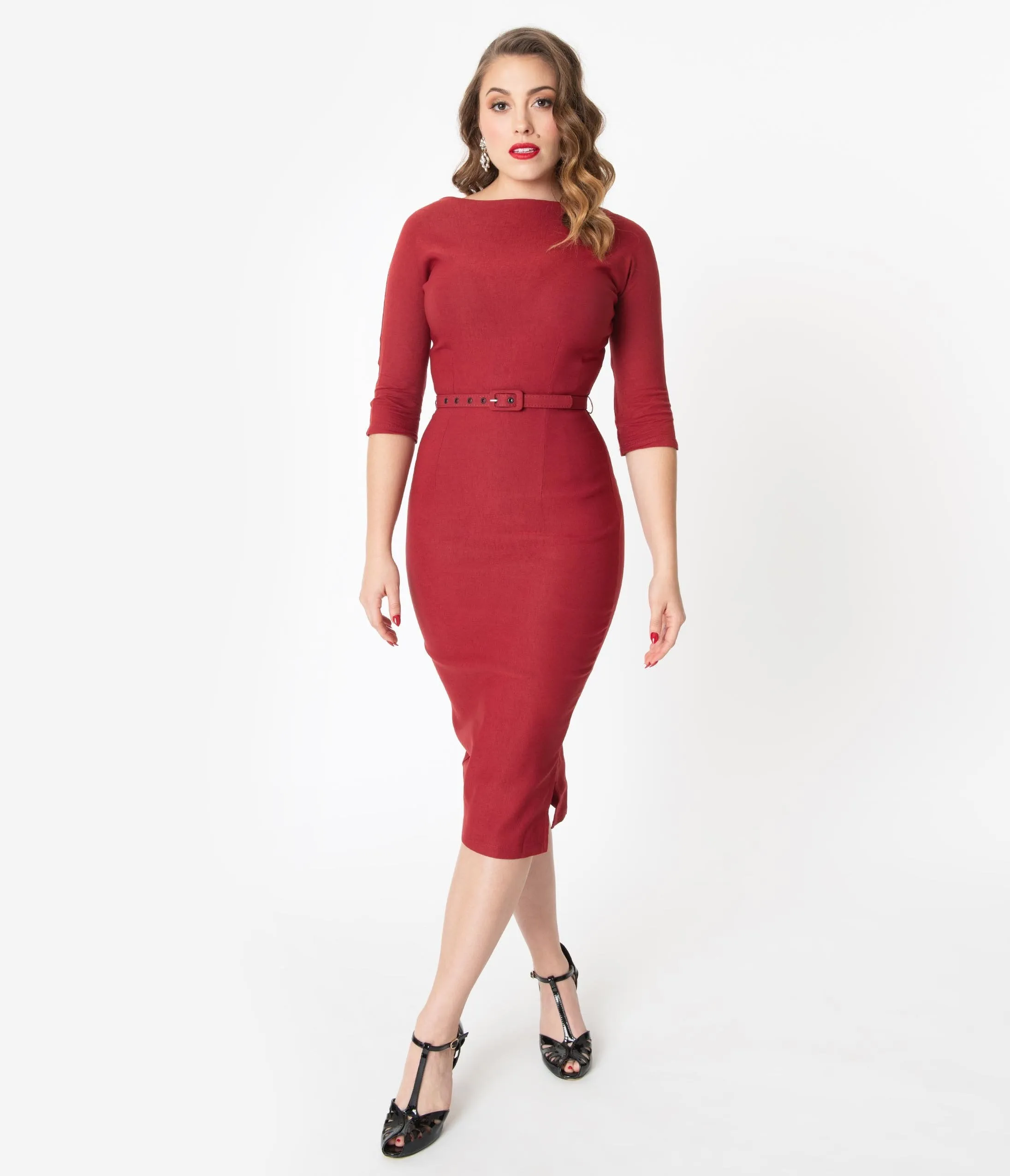 Unique Vintage 1940s Style Red Sleeved Adelia Wiggle Dress