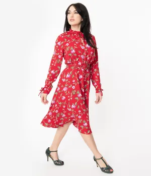 Unique Vintage 1950s Red & Purple Floral Print Vandella Swing Dress