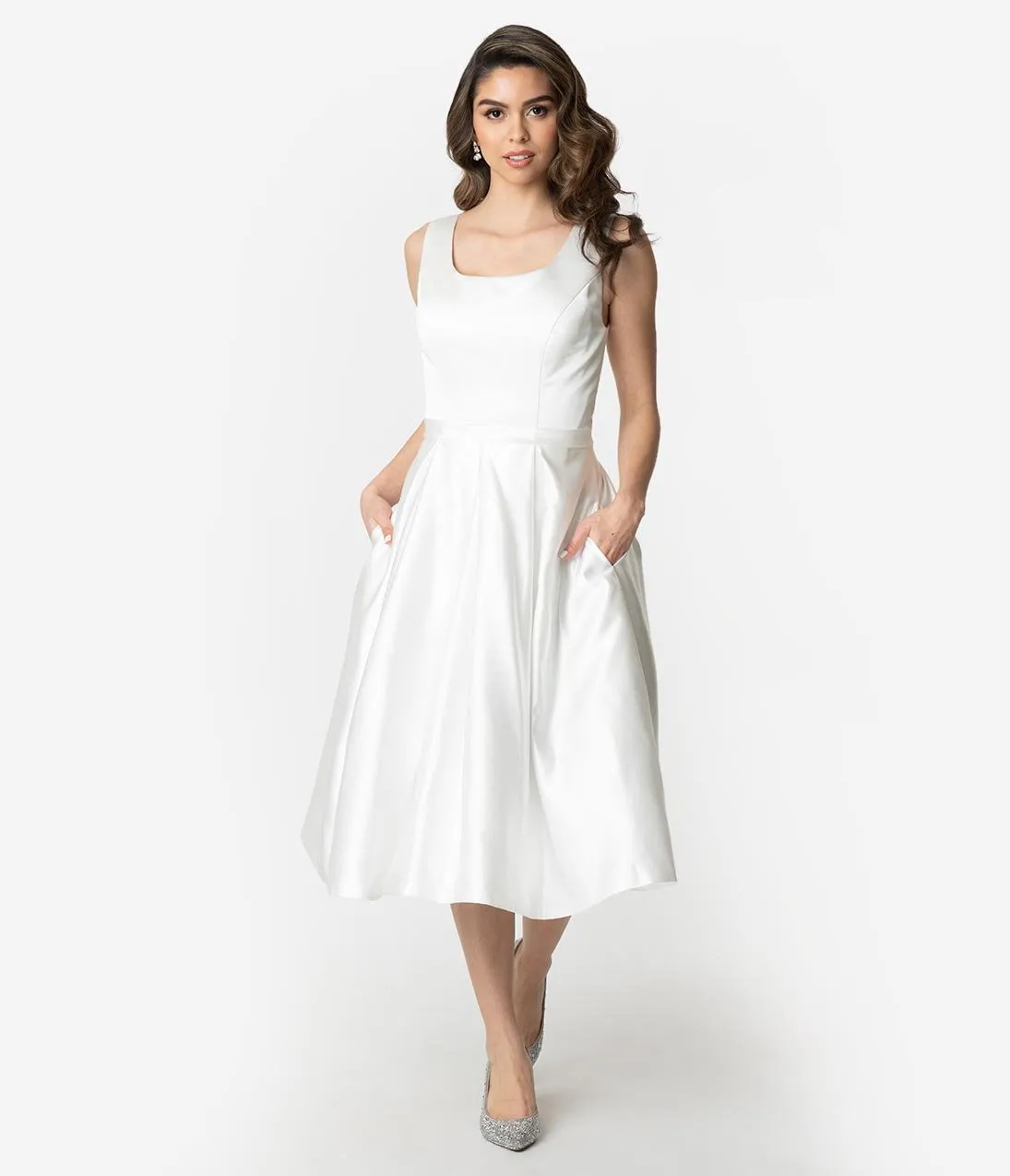 Unique Vintage 1950s Style Ivory Satin Sleeveless Maxime Wedding Dress