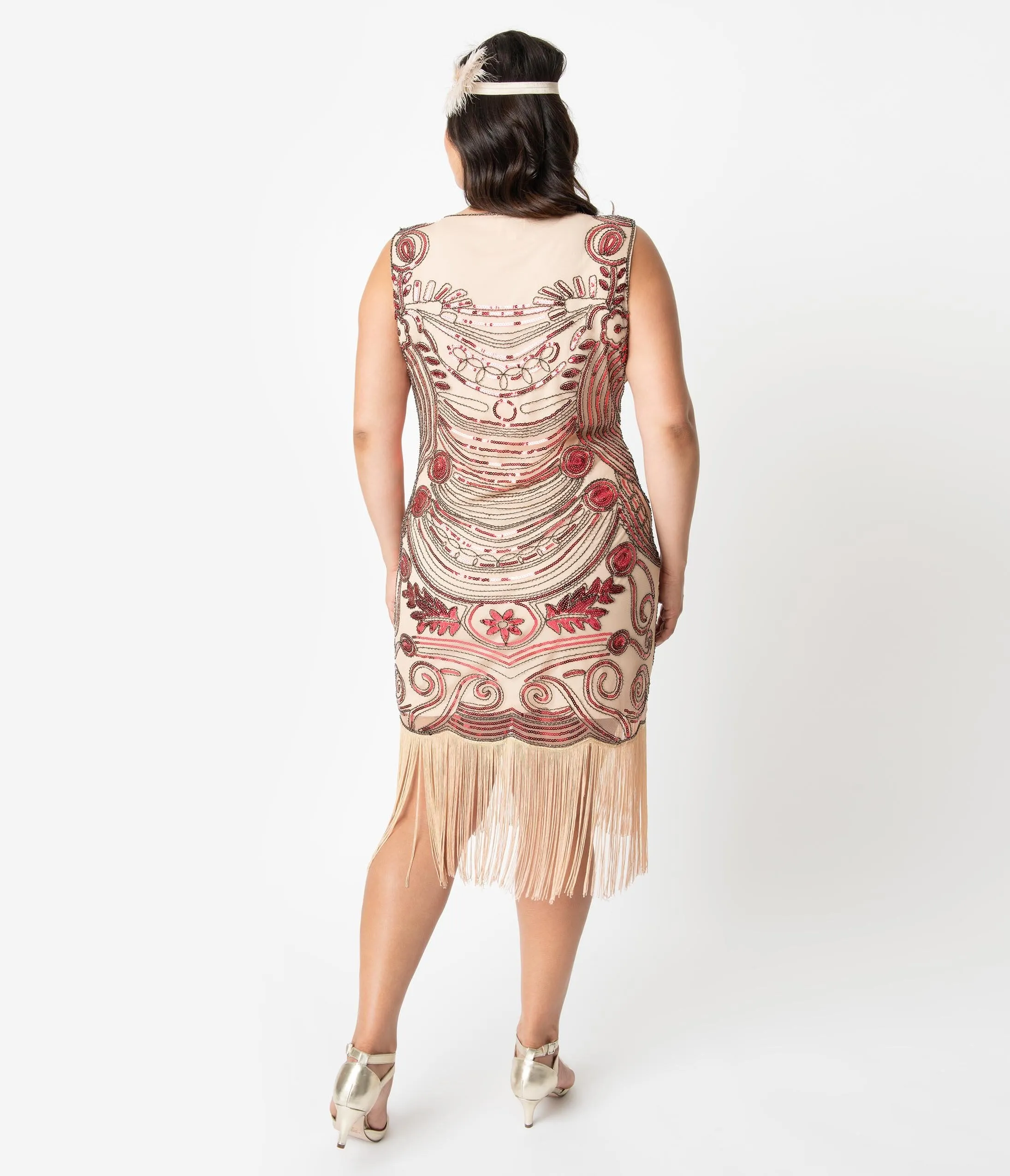 Unique Vintage Plus Size 1920s Pink Beaded Yvette Fringe Cocktail Dress