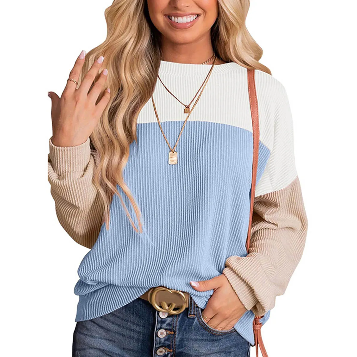 Womens Color Block Long Sleeve Crewneck Knitted Casual Pullover Tops